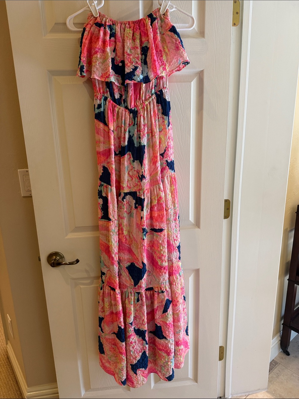 Lilly Pulitzer Caridee Ruffled Maxi Dress in Pink & Navy Abstract Print.